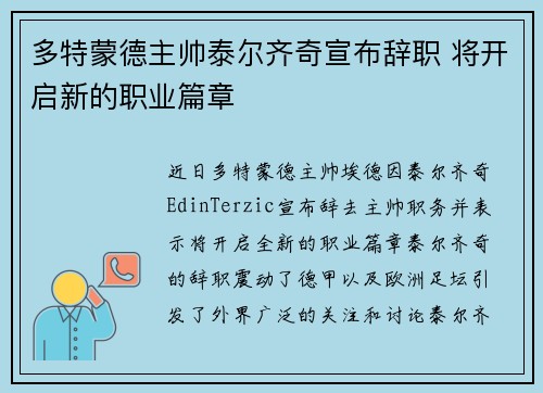 多特蒙德主帅泰尔齐奇宣布辞职 将开启新的职业篇章