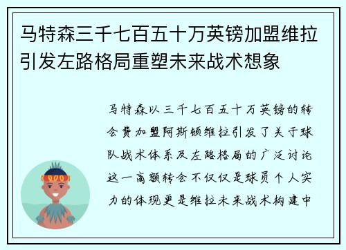 马特森三千七百五十万英镑加盟维拉引发左路格局重塑未来战术想象